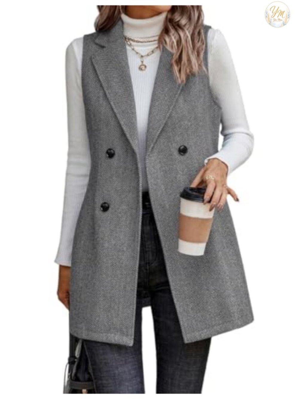 Wool Blend Long Vest Women Sleeveless Tweed Blazer Notch Lapel Double Breasted